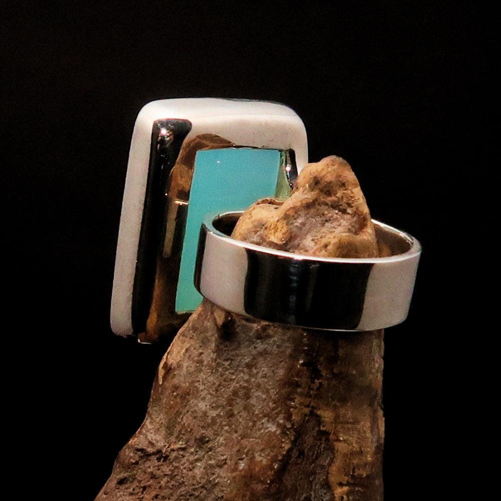 Green Agate Ring, Sterling Silver Ring, green Agate Cabochon, rectangle minimalist ring, handmade silver ring, gift for her, unique - Size 7