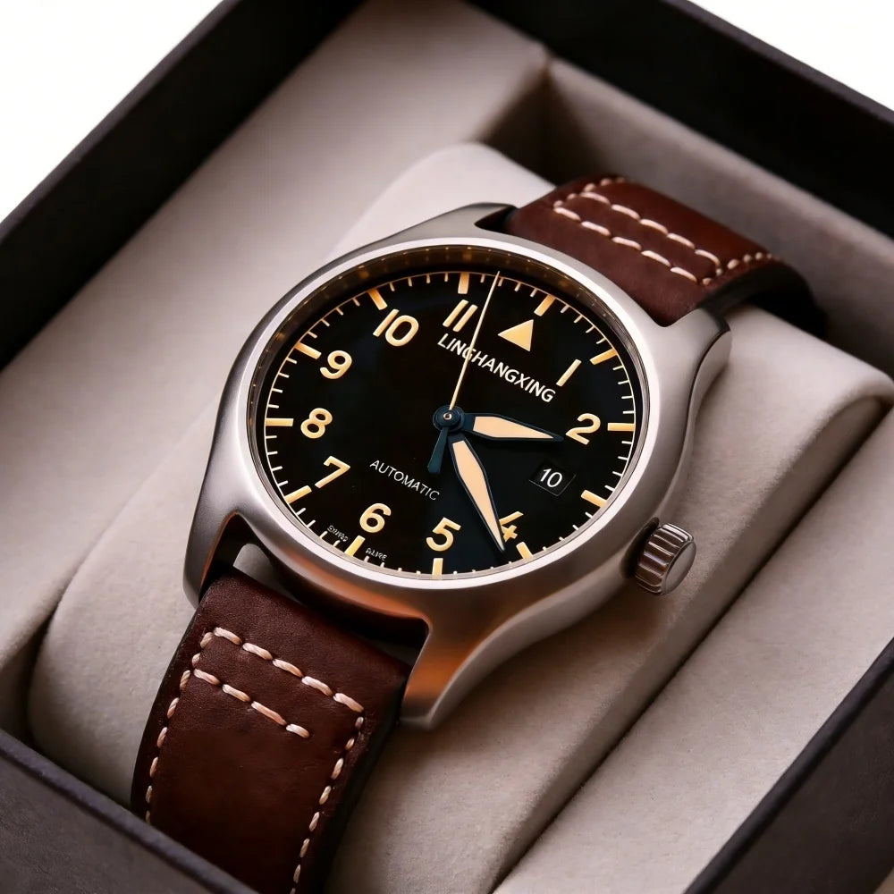 2026 New LINGHANGXING Men's Fashion Watch Movement Luminous Dial Genuine Leather Band Business Casual