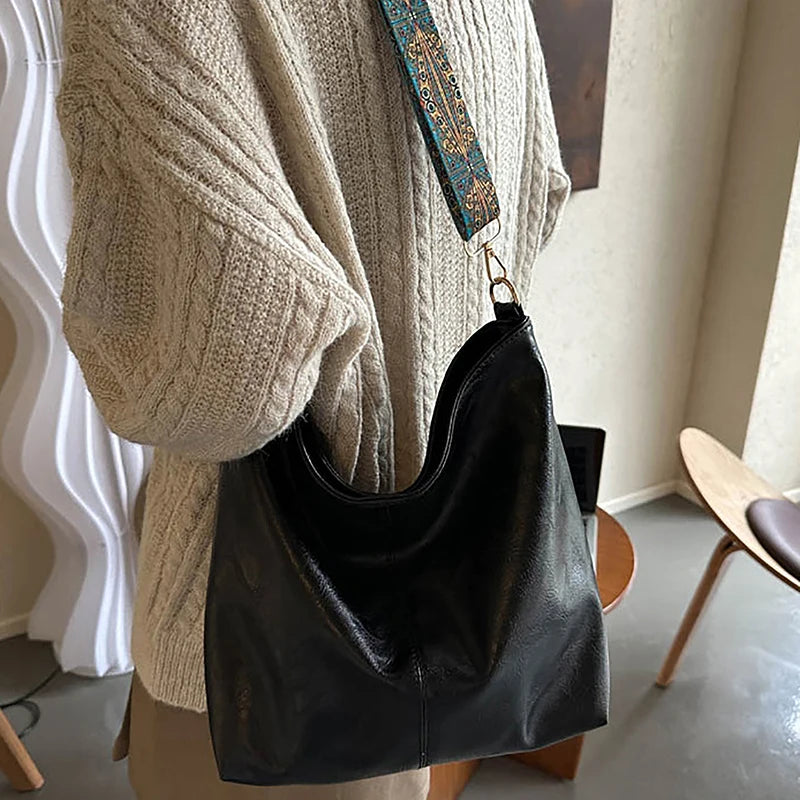 Retro Geometric Strap Shoulder Bag | Large Capacity PU Leather Crossbody for Women