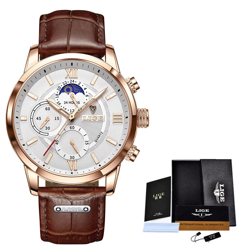 LIGE 8932 Luxury Men's Quartz Watch — Leather Strap Sports Chronograph Wristwatch
