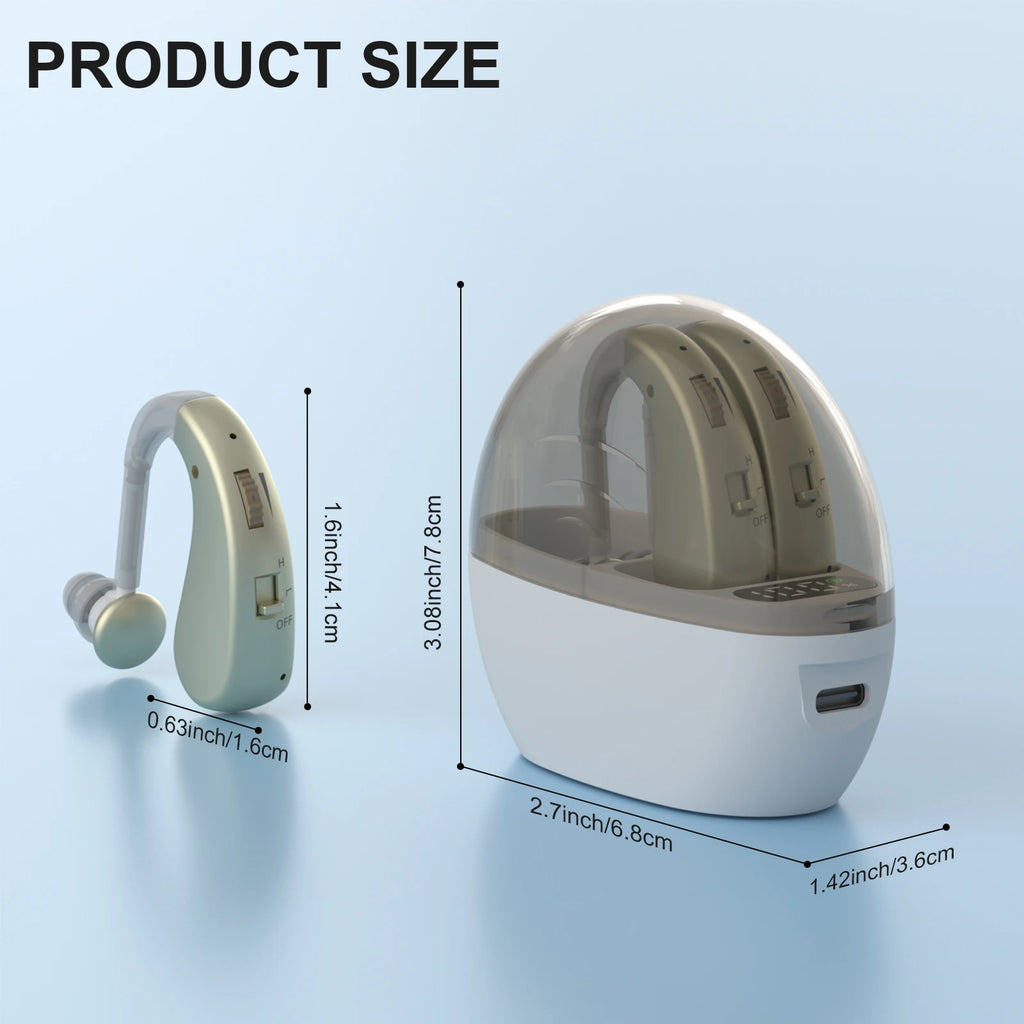 Auxiliary headphones, sound amplifier, noise reduction, adjustable volume, hanging ear with charging case
