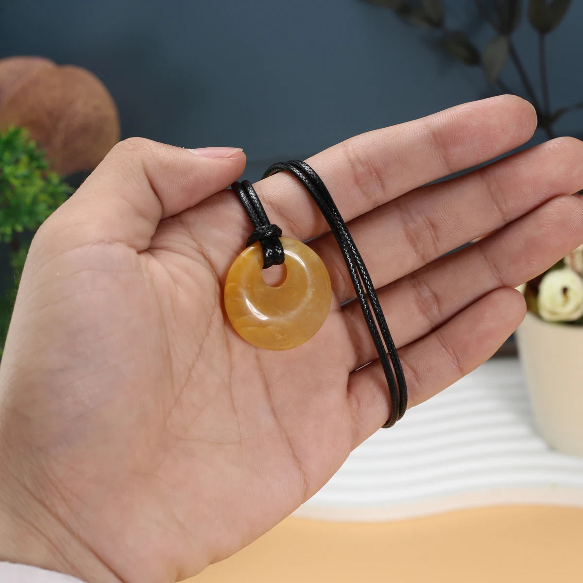 1pc Natural Stone Necklace Big Hole Round Stone Pendant Leather Rope Chain Charms for Women Men Exquisite Jewelry Length 45cm
