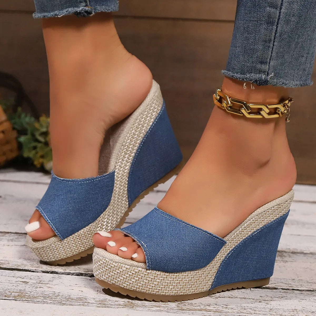 Women's Wedge Platform Slides | High Heel Denim Sandals for Beach & Outdoor