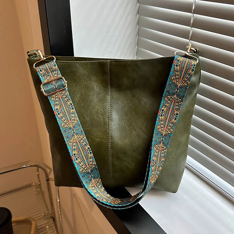 Retro Geometric Strap Shoulder Bag | Large Capacity PU Leather Crossbody for Women