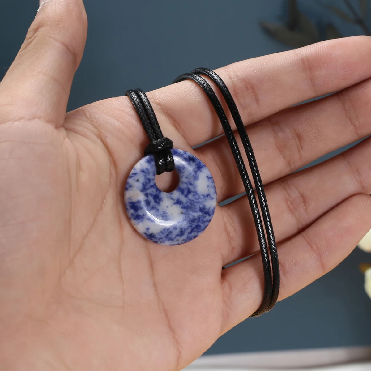 1pc Natural Stone Necklace Big Hole Round Stone Pendant Leather Rope Chain Charms for Women Men Exquisite Jewelry Length 45cm