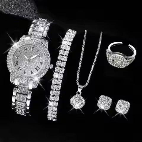 Women's Luxury Roman Dial Quartz Watch & Bracelet Set — Elegant 6-Piece Gift Set