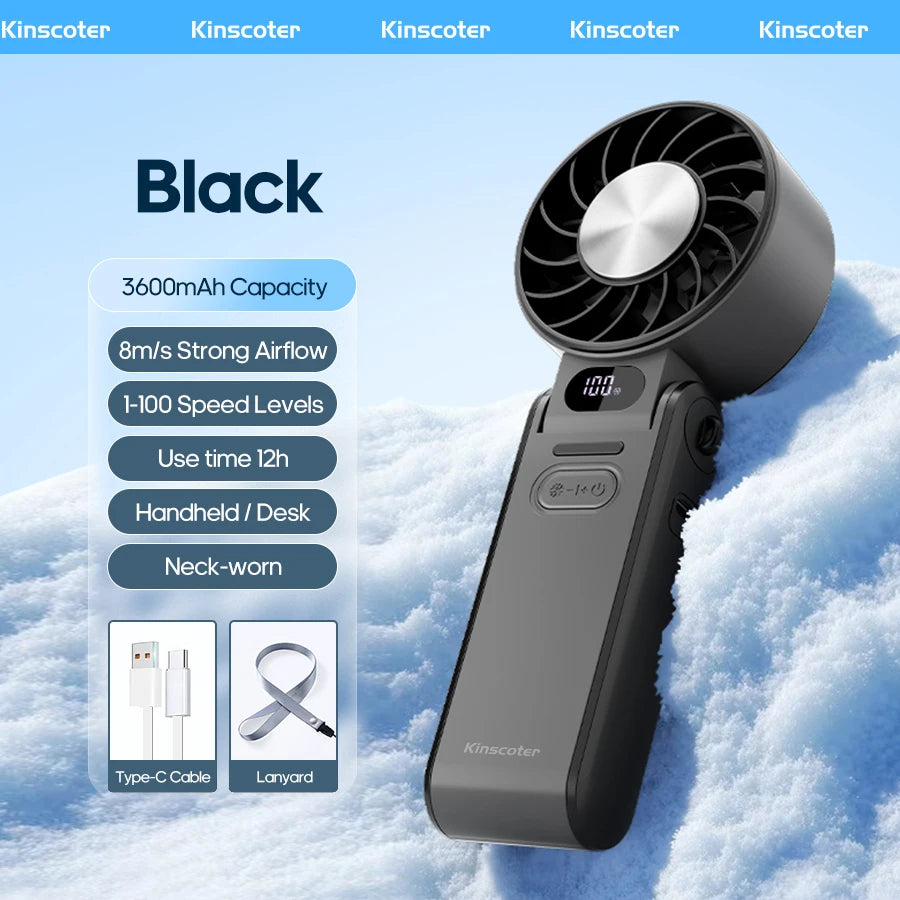 Newes Foldable Handheld Fan 100 Gear Speed Adjustable 3600mAh Rechargeable Student Fan LED Display USB Air Circulator W/ Lanyard