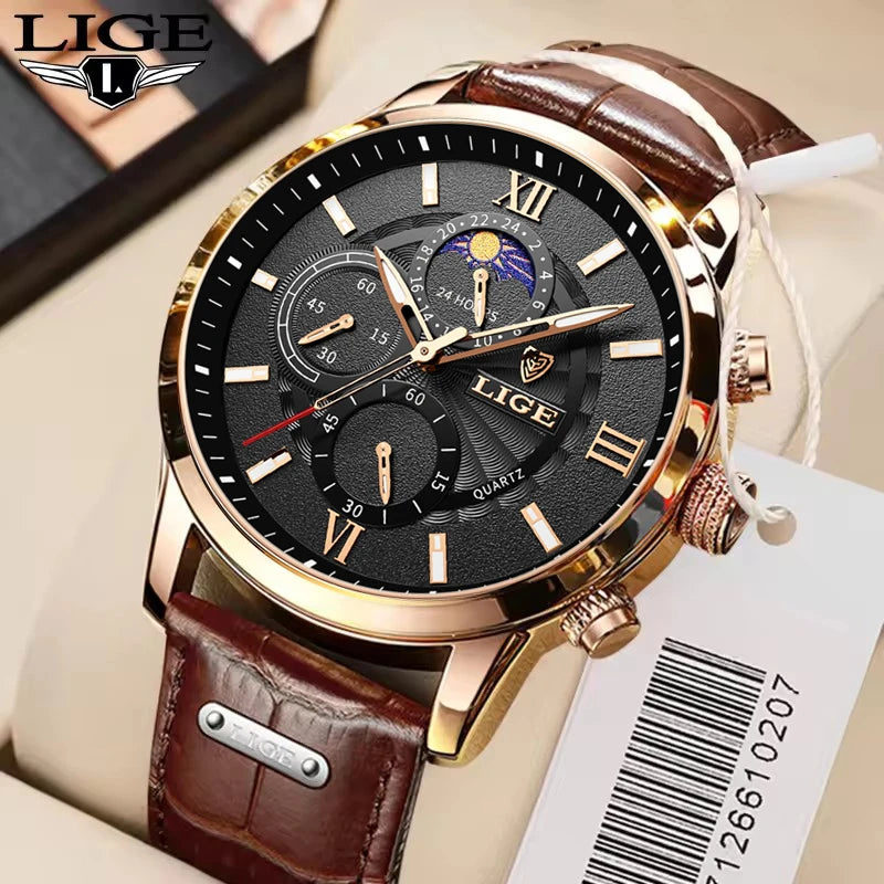LIGE 8932 Luxury Men's Quartz Watch — Leather Strap Sports Chronograph Wristwatch