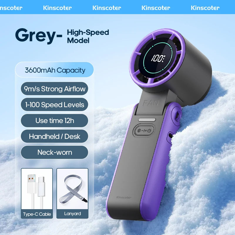 Newes Foldable Handheld Fan 100 Gear Speed Adjustable 3600mAh Rechargeable Student Fan LED Display USB Air Circulator W/ Lanyard