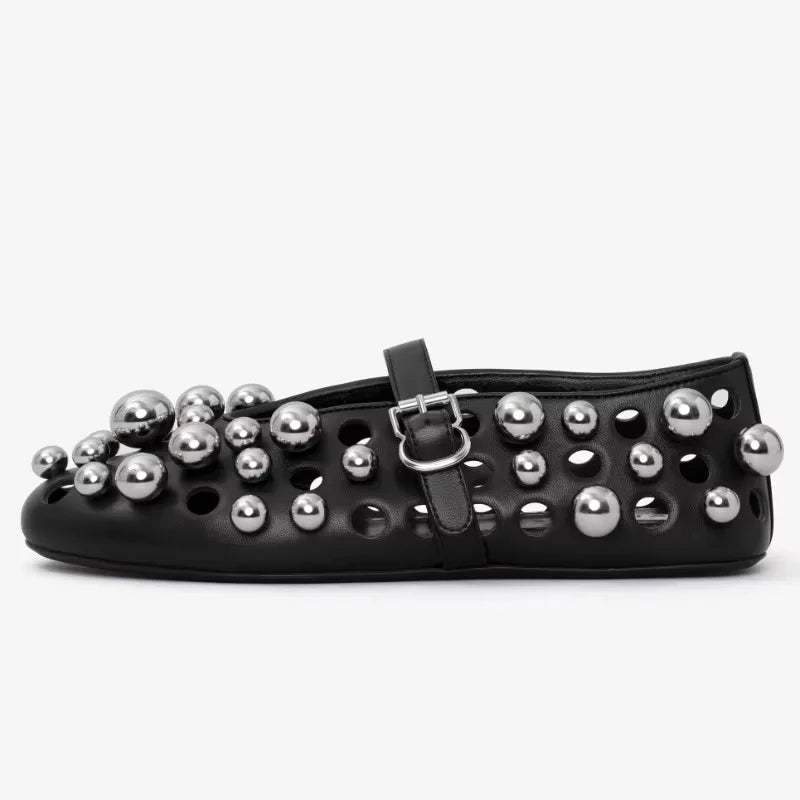 GGM630 Pearl Buckle Ballet Flats | Metal Hollow Mary Jane Sandals Extended Sizes 34–45