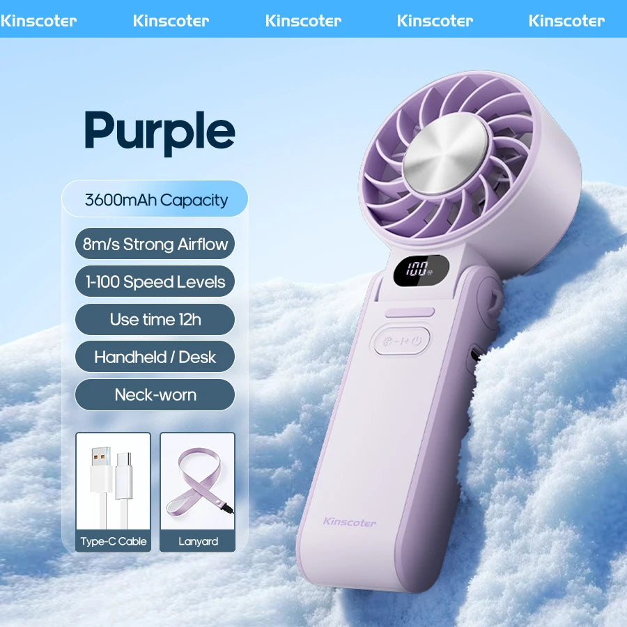 Newes Foldable Handheld Fan 100 Gear Speed Adjustable 3600mAh Rechargeable Student Fan LED Display USB Air Circulator W/ Lanyard