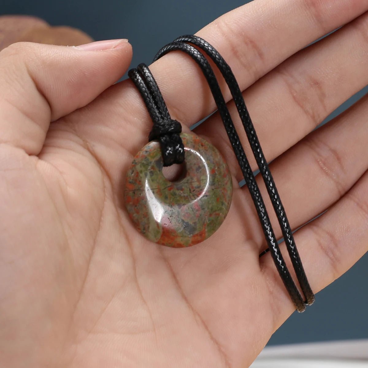 1pc Natural Stone Necklace Big Hole Round Stone Pendant Leather Rope Chain Charms for Women Men Exquisite Jewelry Length 45cm