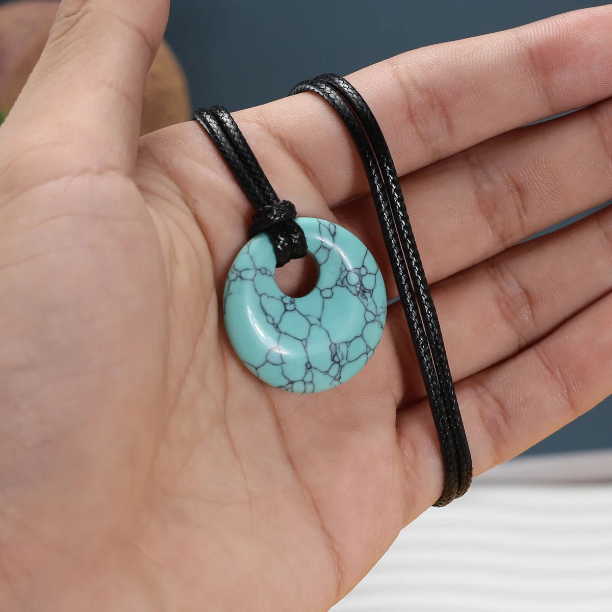 1pc Natural Stone Necklace Big Hole Round Stone Pendant Leather Rope Chain Charms for Women Men Exquisite Jewelry Length 45cm