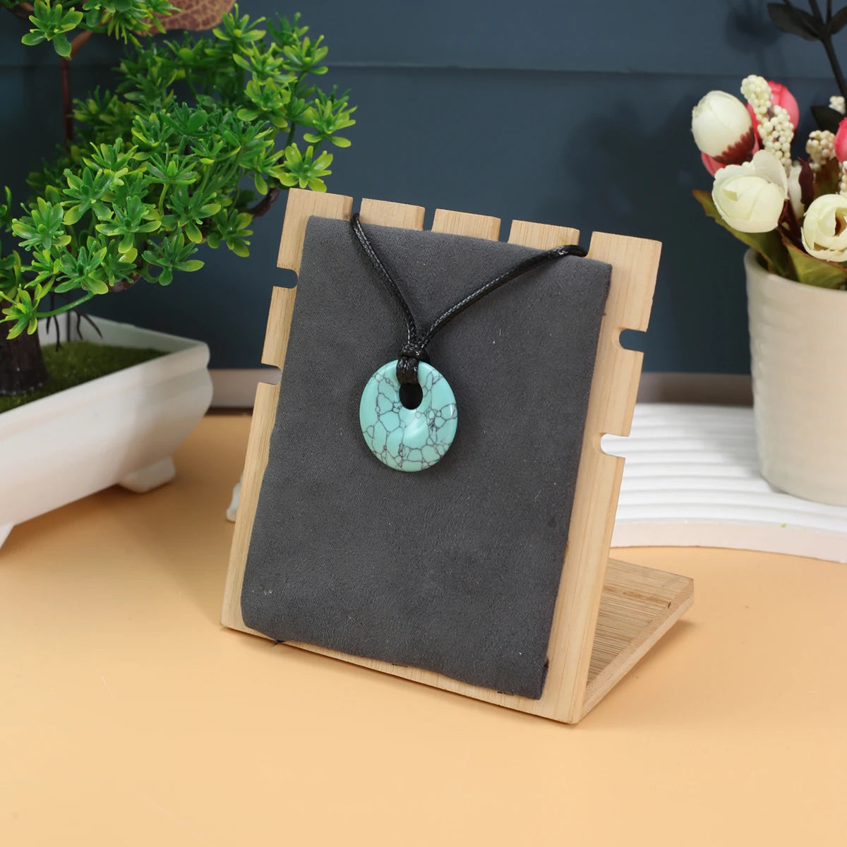 1pc Natural Stone Necklace Big Hole Round Stone Pendant Leather Rope Chain Charms for Women Men Exquisite Jewelry Length 45cm