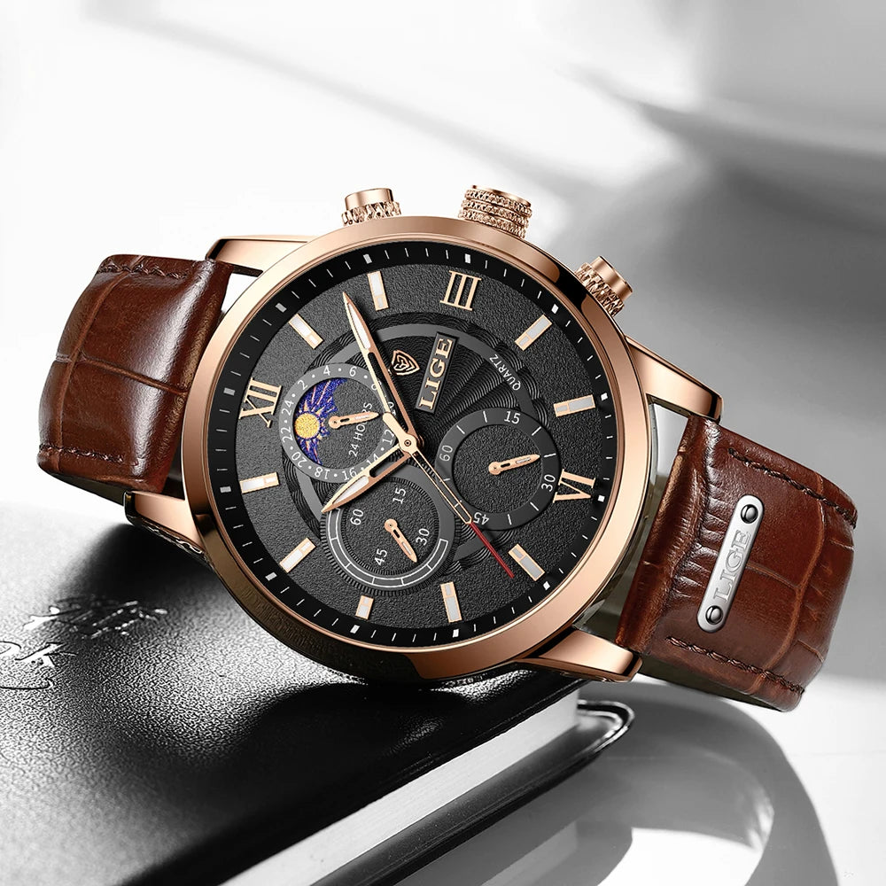 LIGE 8932 Luxury Men's Quartz Watch — Leather Strap Sports Chronograph Wristwatch