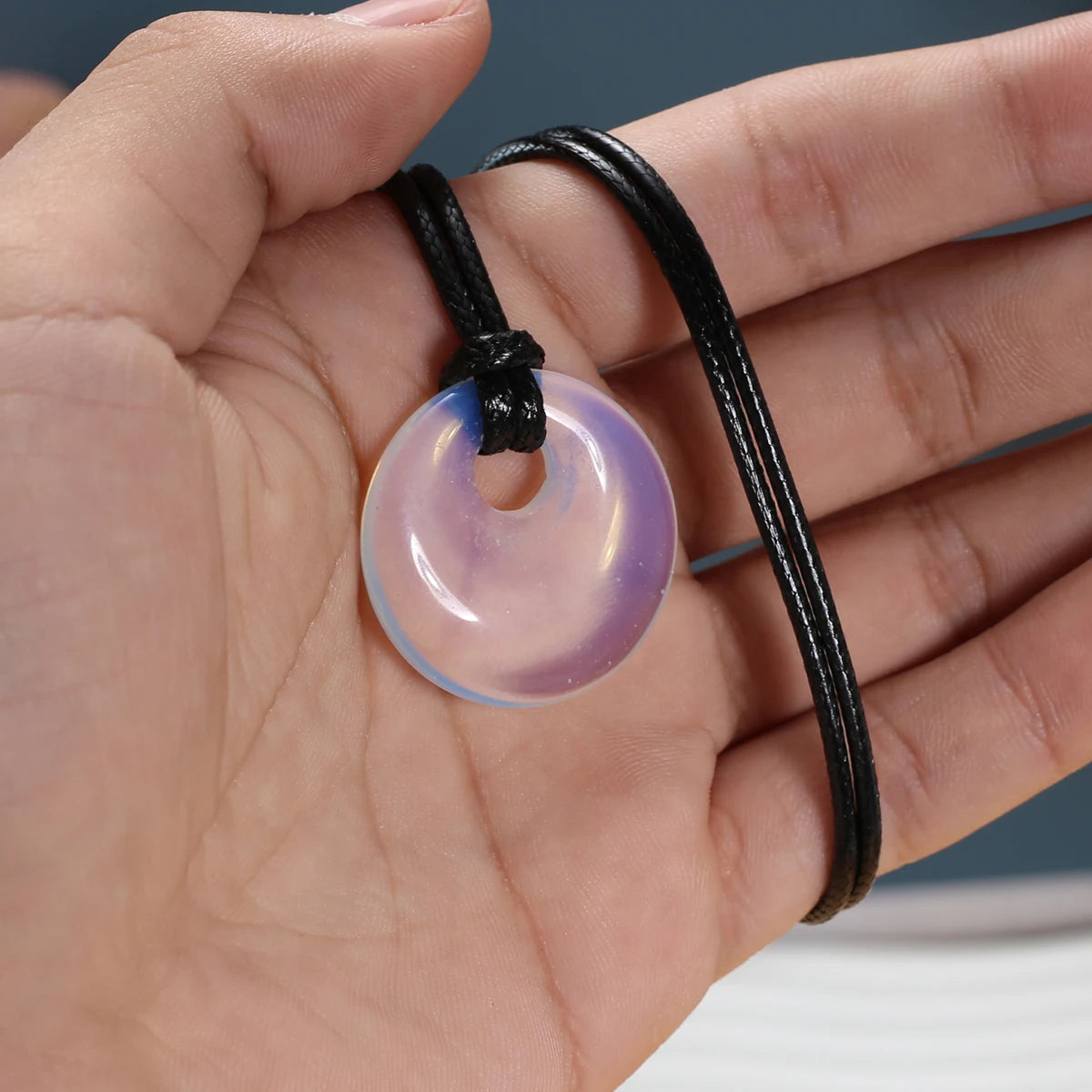 1pc Natural Stone Necklace Big Hole Round Stone Pendant Leather Rope Chain Charms for Women Men Exquisite Jewelry Length 45cm
