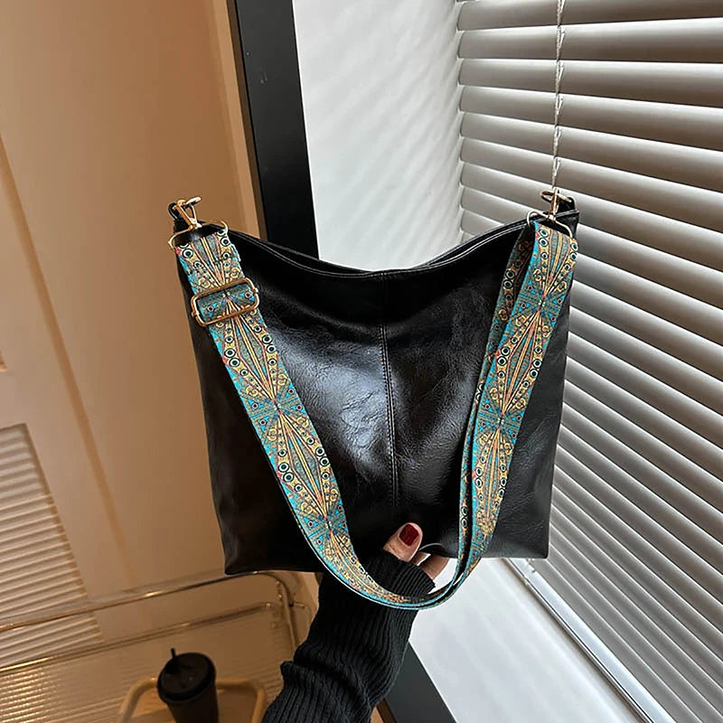 Retro Geometric Strap Shoulder Bag | Large Capacity PU Leather Crossbody for Women