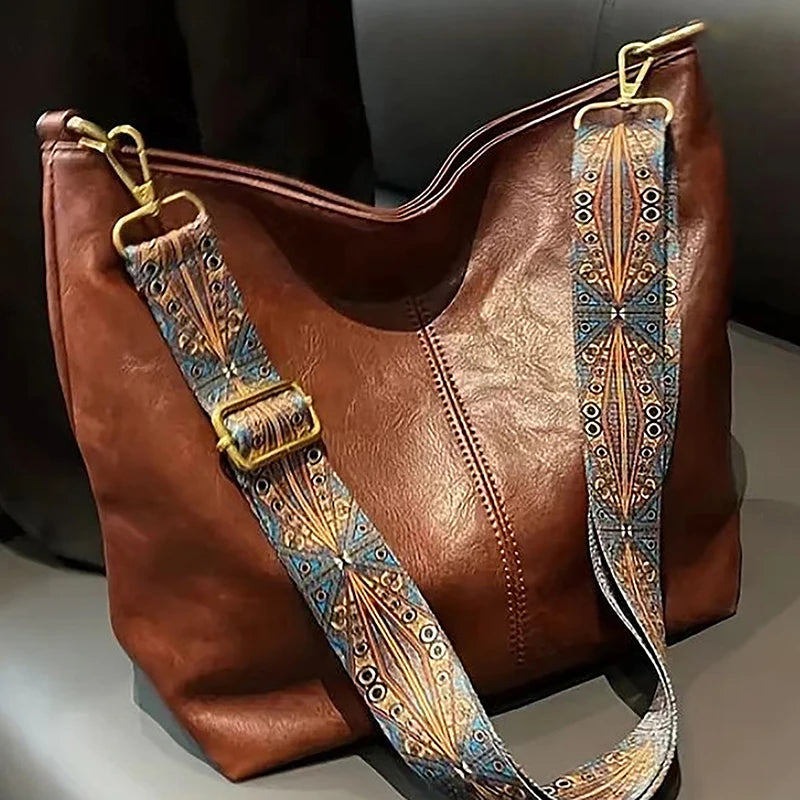 Retro Geometric Strap Shoulder Bag | Large Capacity PU Leather Crossbody for Women