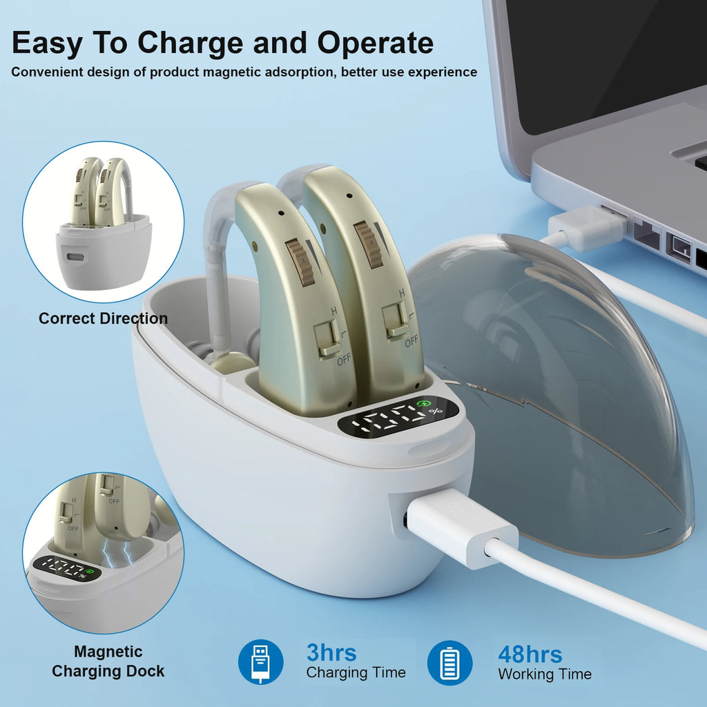 Auxiliary headphones, sound amplifier, noise reduction, adjustable volume, hanging ear with charging case