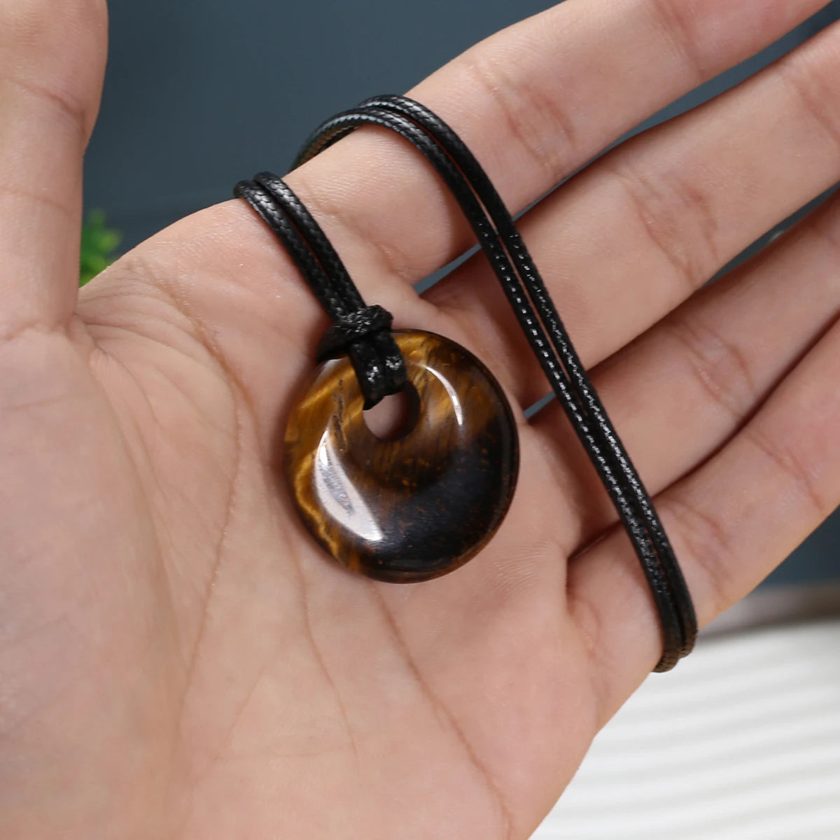 1pc Natural Stone Necklace Big Hole Round Stone Pendant Leather Rope Chain Charms for Women Men Exquisite Jewelry Length 45cm