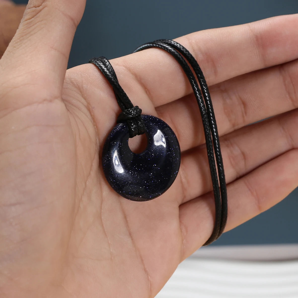1pc Natural Stone Necklace Big Hole Round Stone Pendant Leather Rope Chain Charms for Women Men Exquisite Jewelry Length 45cm