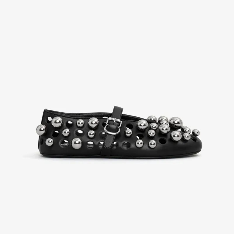 GGM630 Pearl Buckle Ballet Flats | Metal Hollow Mary Jane Sandals Extended Sizes 34–45