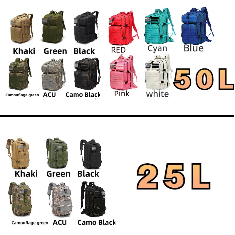 Tactical Hiking Backpack 25L / 50L | Waterproof Nylon Outdoor Rucksack for Camping, Trekking & Hunting