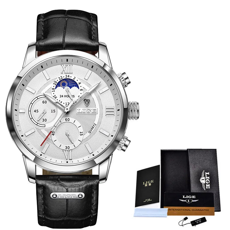 LIGE 8932 Luxury Men's Quartz Watch — Leather Strap Sports Chronograph Wristwatch