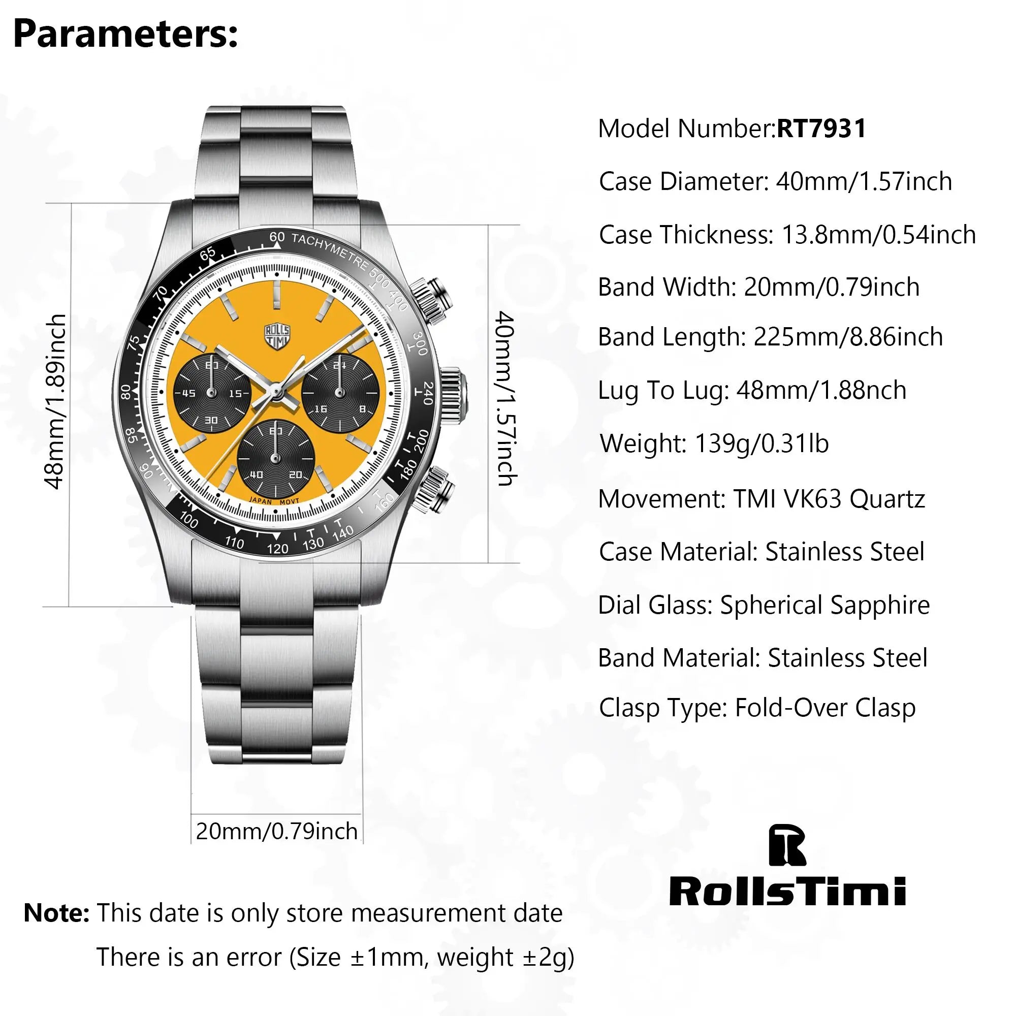 2025 New RollsTimi Men's Watches Luxury Quartz Chronograph Watch For Man AR Sapphire Mirror Waterproof Men Gift Clock Luminous
