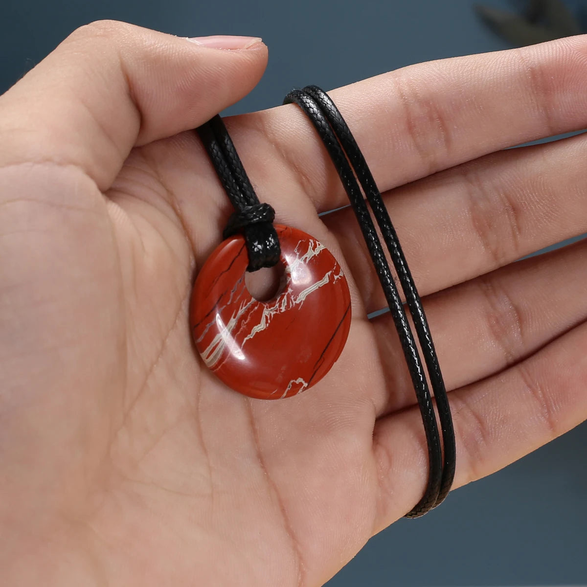 1pc Natural Stone Necklace Big Hole Round Stone Pendant Leather Rope Chain Charms for Women Men Exquisite Jewelry Length 45cm