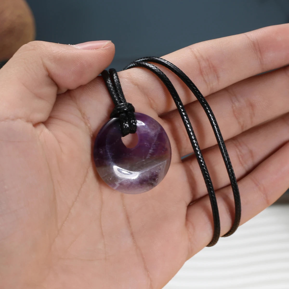 1pc Natural Stone Necklace Big Hole Round Stone Pendant Leather Rope Chain Charms for Women Men Exquisite Jewelry Length 45cm