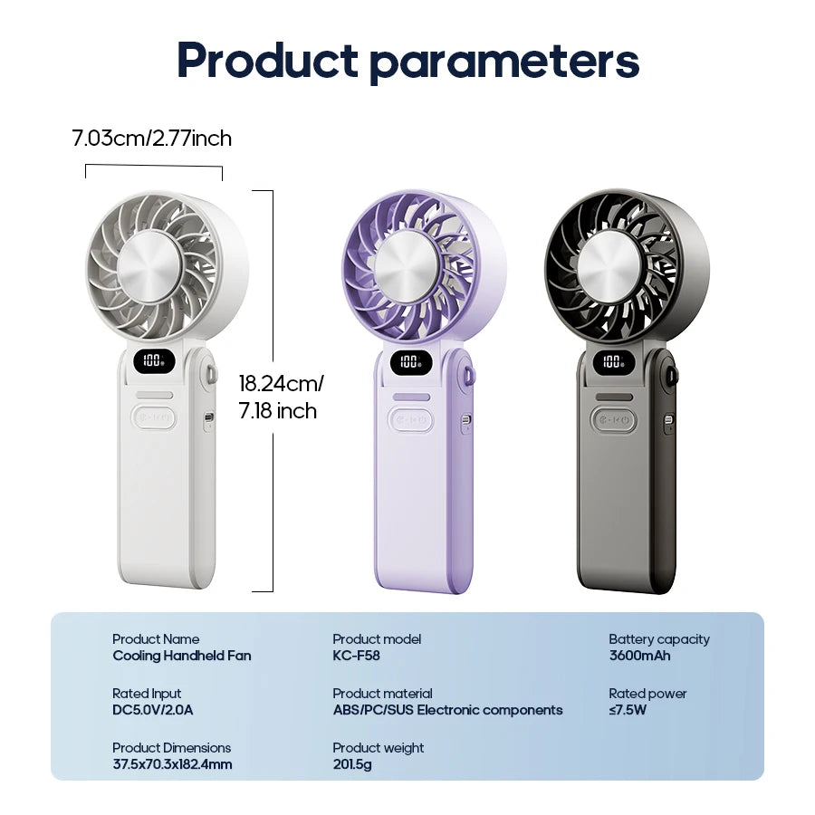 Newes Foldable Handheld Fan 100 Gear Speed Adjustable 3600mAh Rechargeable Student Fan LED Display USB Air Circulator W/ Lanyard
