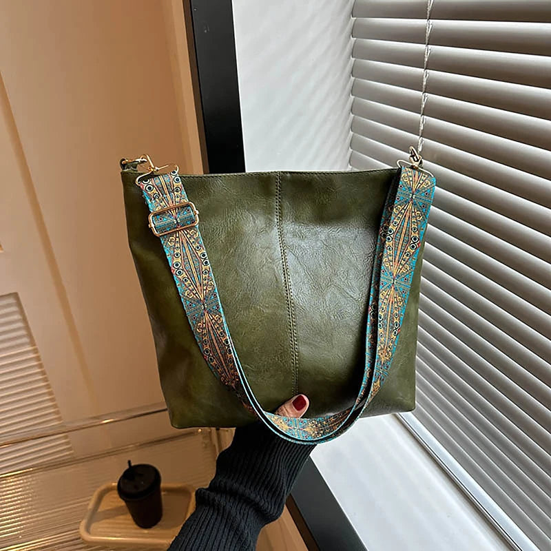 Retro Geometric Strap Shoulder Bag | Large Capacity PU Leather Crossbody for Women