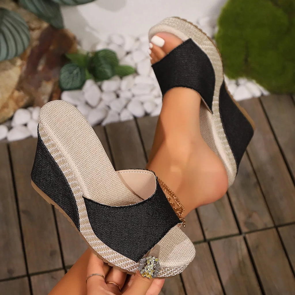 Women's Wedge Platform Slides | High Heel Denim Sandals for Beach & Outdoor