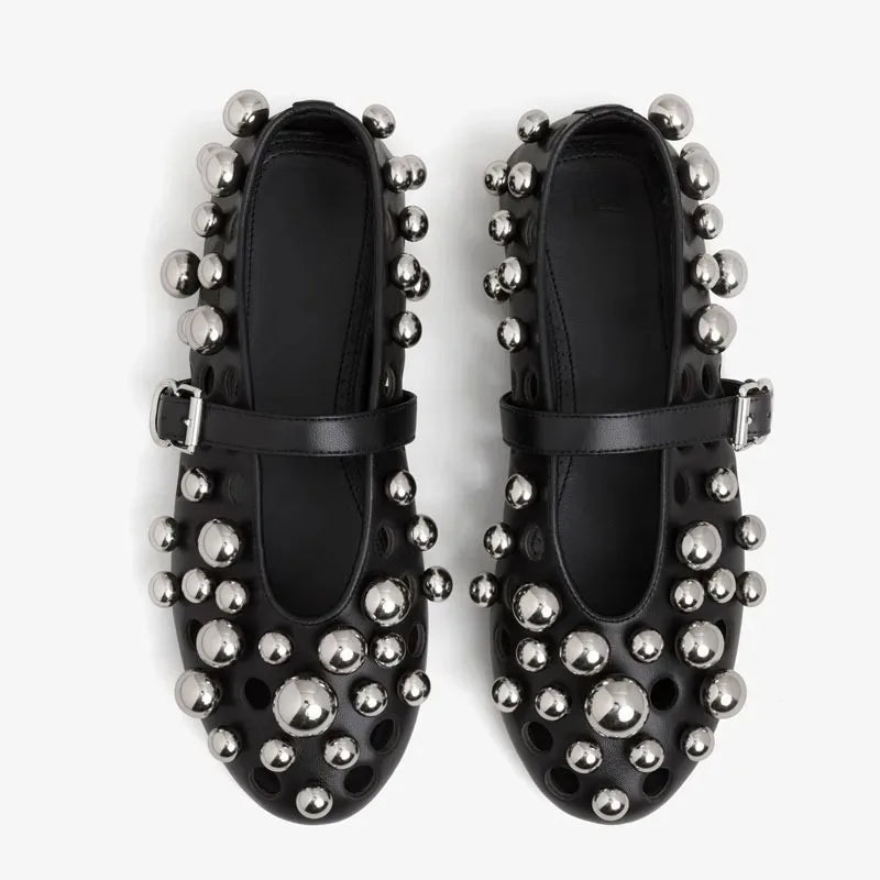 GGM630 Pearl Buckle Ballet Flats | Metal Hollow Mary Jane Sandals Extended Sizes 34–45