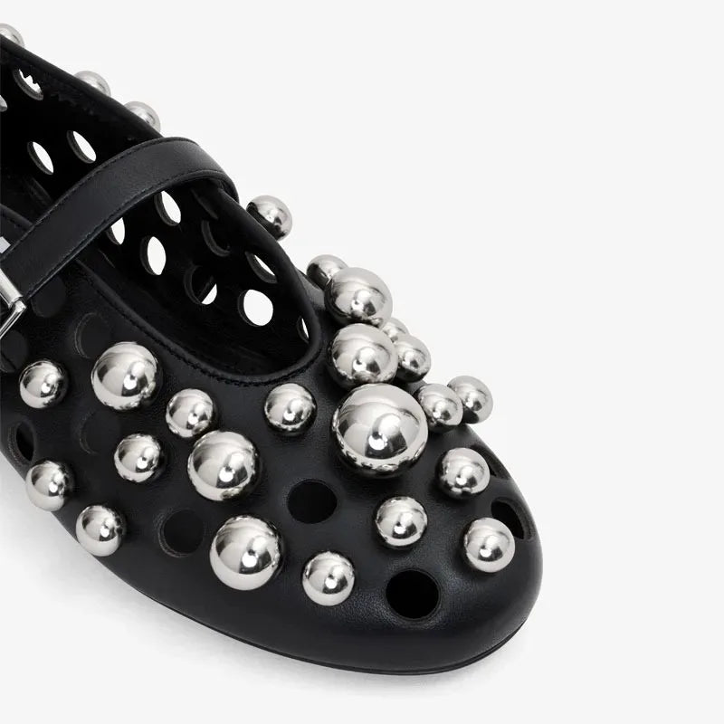 GGM630 Pearl Buckle Ballet Flats | Metal Hollow Mary Jane Sandals Extended Sizes 34–45