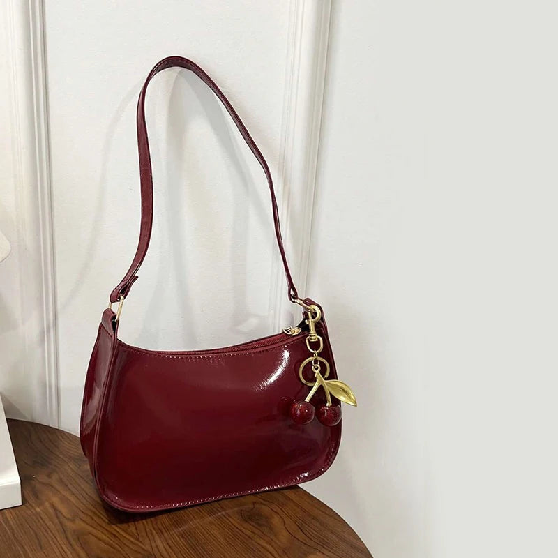 Cherry Pendant Shoulder Bag | PU Leather Underarm Handbag for Women