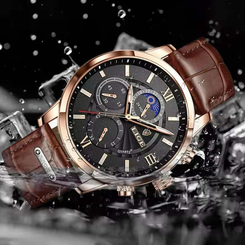 LIGE 8932 Luxury Men's Quartz Watch — Leather Strap Sports Chronograph Wristwatch