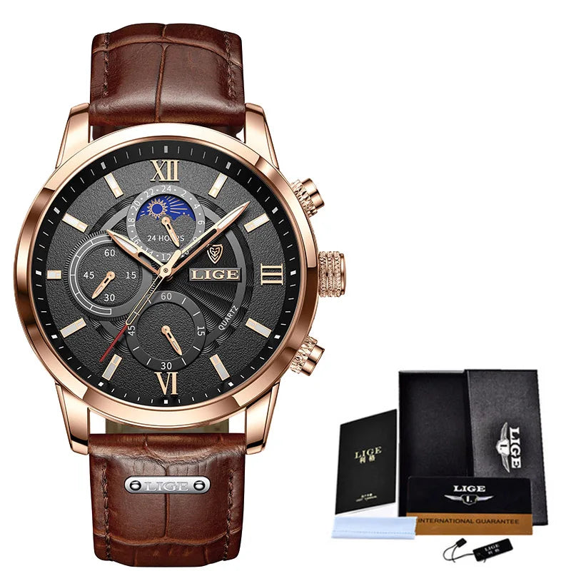 LIGE 8932 Luxury Men's Quartz Watch — Leather Strap Sports Chronograph Wristwatch