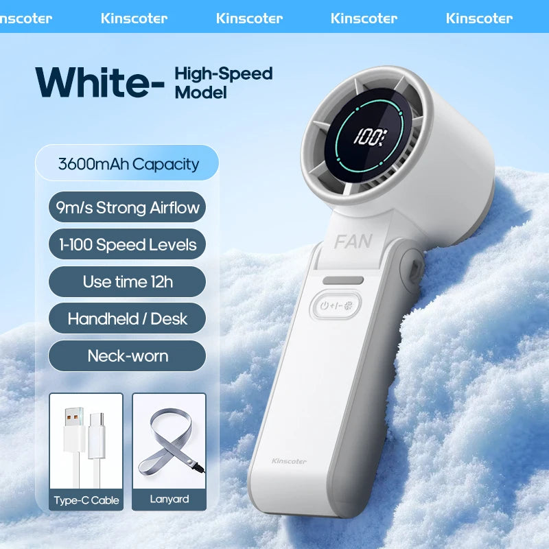 Newes Foldable Handheld Fan 100 Gear Speed Adjustable 3600mAh Rechargeable Student Fan LED Display USB Air Circulator W/ Lanyard