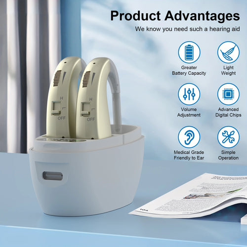 Auxiliary headphones, sound amplifier, noise reduction, adjustable volume, hanging ear with charging case
