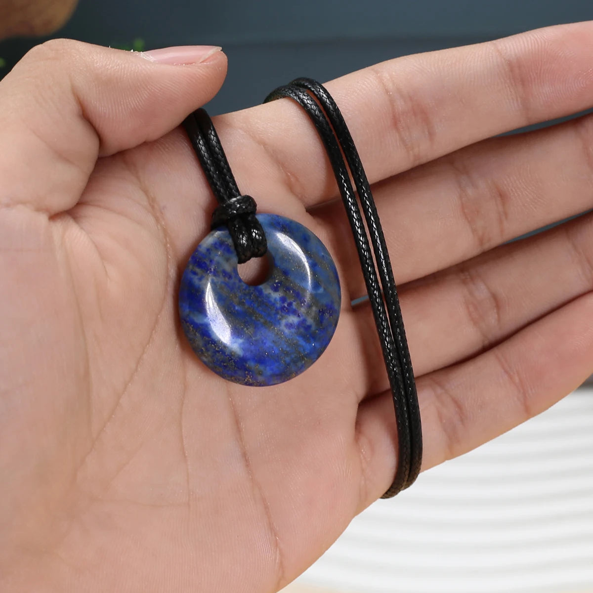 1pc Natural Stone Necklace Big Hole Round Stone Pendant Leather Rope Chain Charms for Women Men Exquisite Jewelry Length 45cm