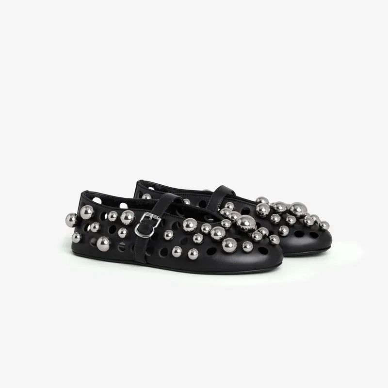 GGM630 Pearl Buckle Ballet Flats | Metal Hollow Mary Jane Sandals Extended Sizes 34–45