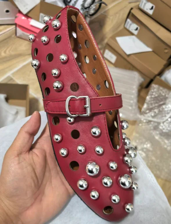 GGM630 Pearl Buckle Ballet Flats | Metal Hollow Mary Jane Sandals Extended Sizes 34–45