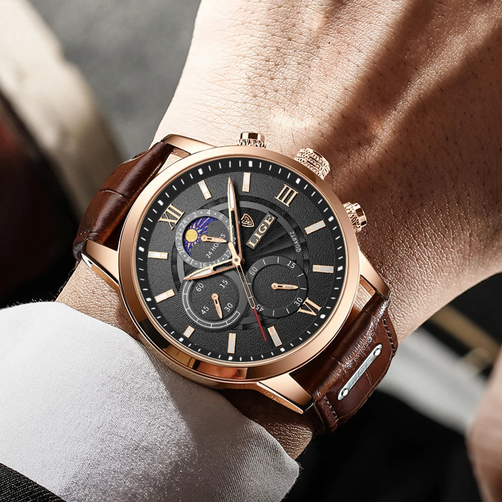 LIGE 8932 Luxury Men's Quartz Watch — Leather Strap Sports Chronograph Wristwatch