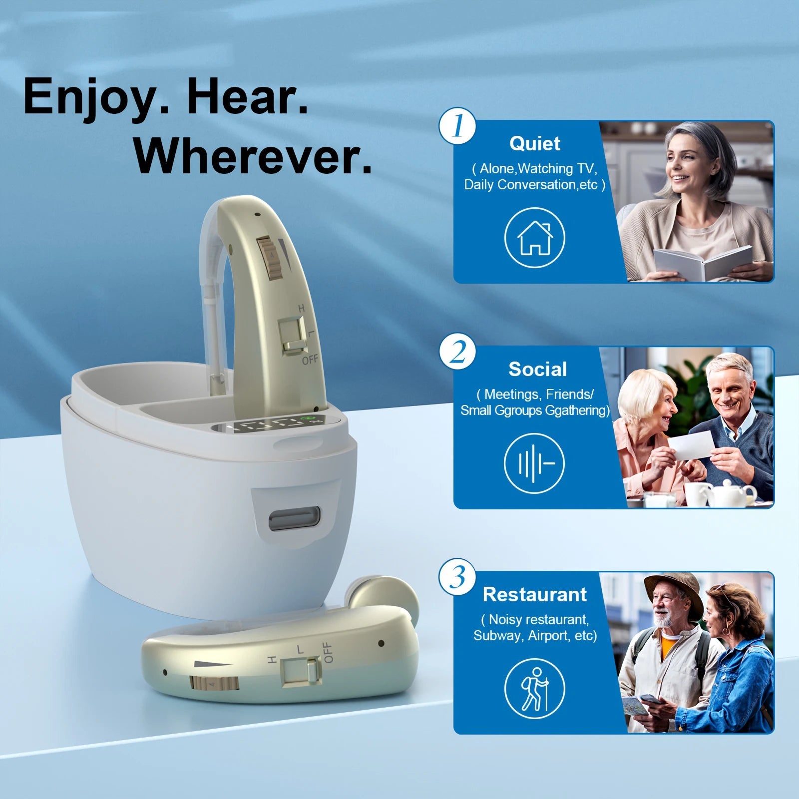 Auxiliary headphones, sound amplifier, noise reduction, adjustable volume, hanging ear with charging case