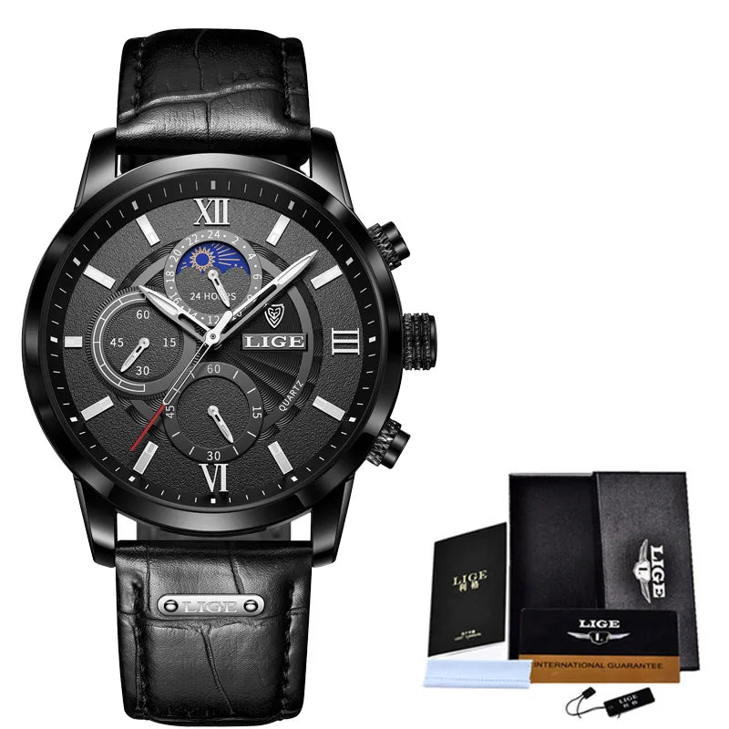 LIGE 8932 Luxury Men's Quartz Watch — Leather Strap Sports Chronograph Wristwatch