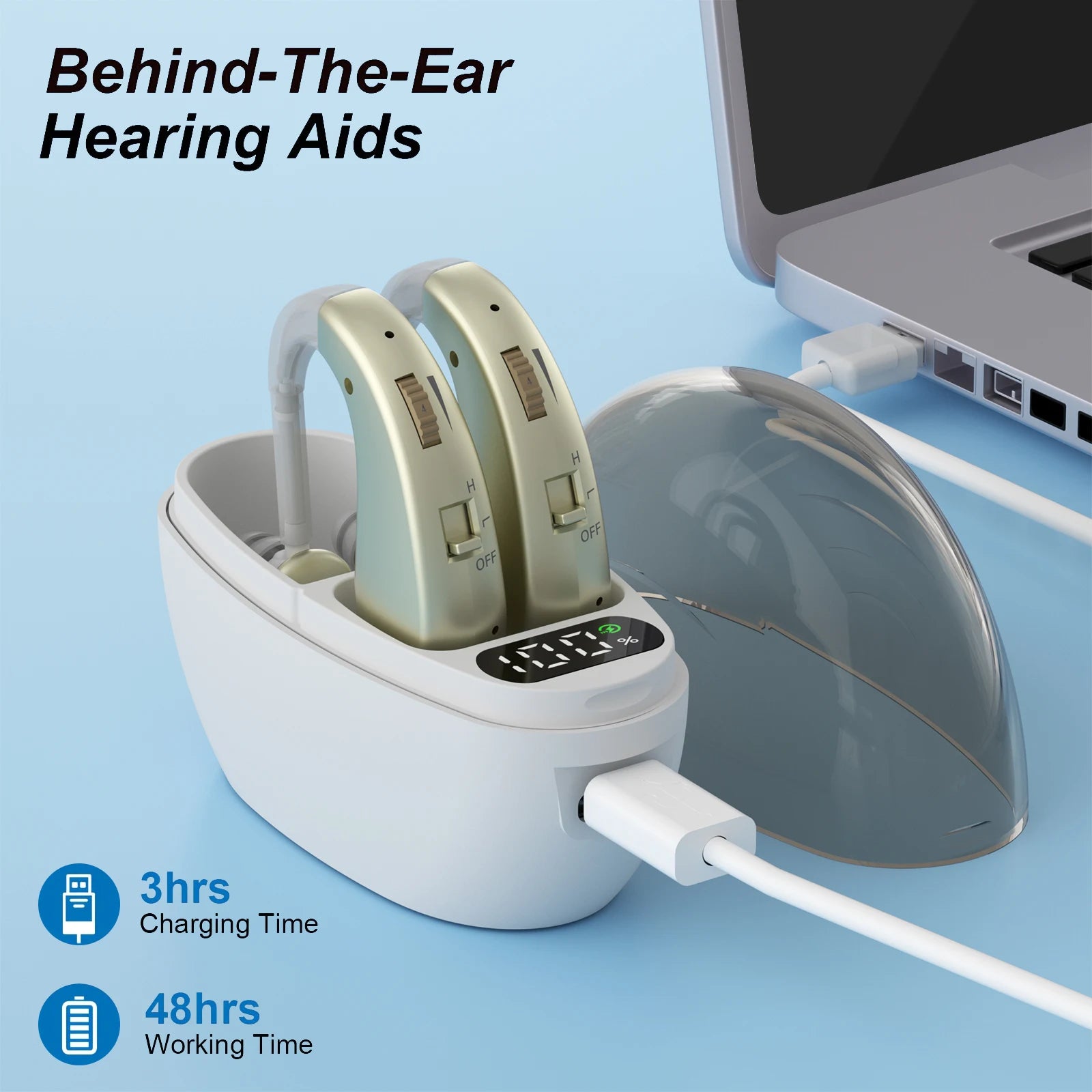 Auxiliary headphones, sound amplifier, noise reduction, adjustable volume, hanging ear with charging case