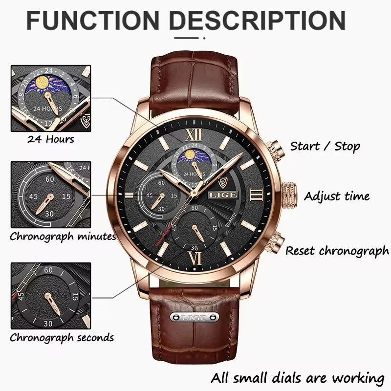 LIGE 8932 Luxury Men's Quartz Watch — Leather Strap Sports Chronograph Wristwatch