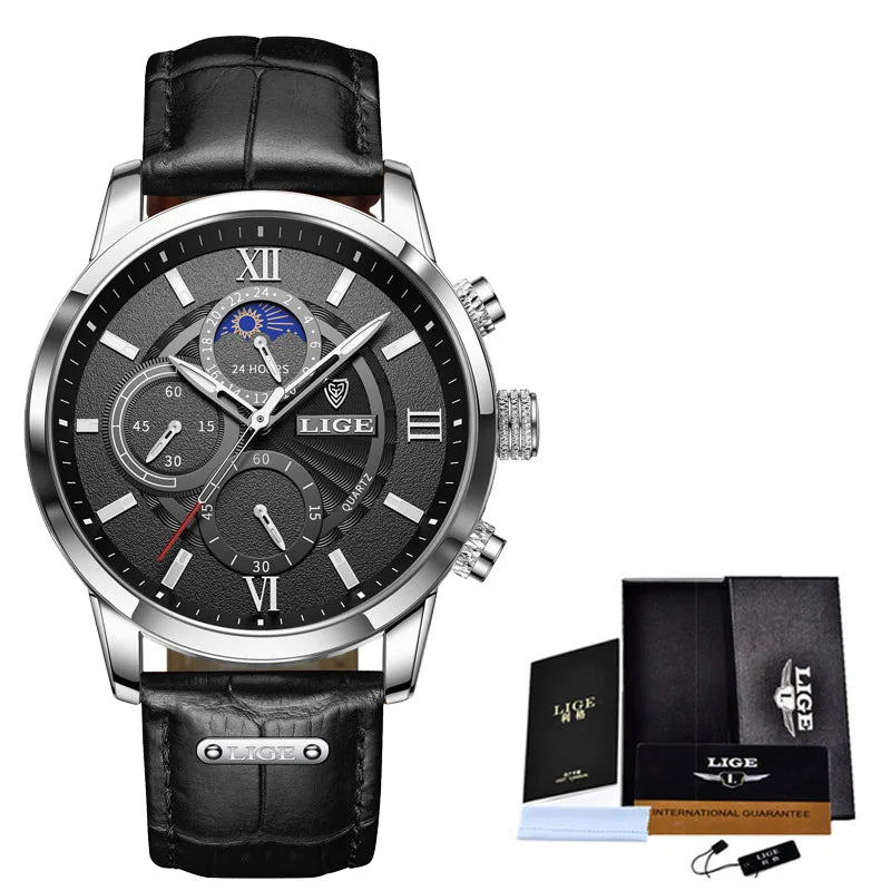 LIGE 8932 Luxury Men's Quartz Watch — Leather Strap Sports Chronograph Wristwatch